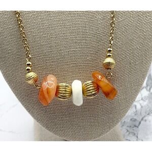 Natural Stone Orange Bead Necklace Gold Spacer‎ 18" Boho Vintage Style